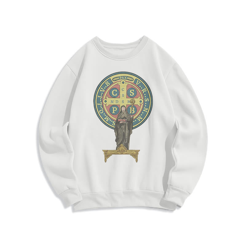 Christianartworkshop Classic Colored Style St. Benedict Medal Statue Fleece Lined Polyester Sweatshirt