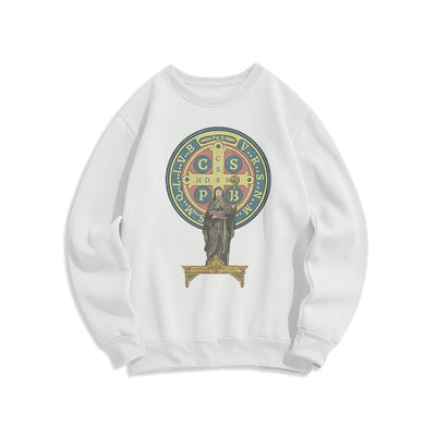 Christianartworkshop Classic Colored Style St. Benedict Medal Statue Fleece Lined Polyester Sweatshirt
