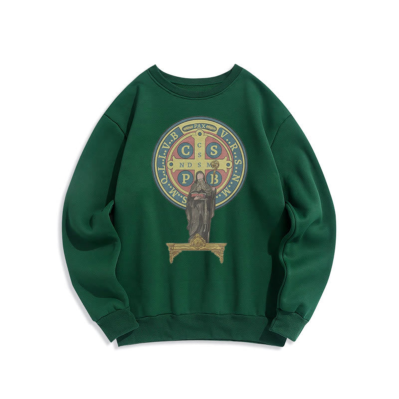 Christianartworkshop Classic Colored Style St. Benedict Medal Statue Fleece Lined Polyester Sweatshirt