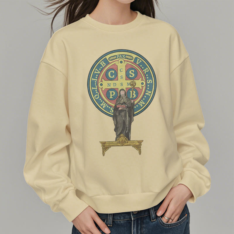 Christianartworkshop Classic Colored Style St. Benedict Medal Statue Fleece Lined Polyester Sweatshirt
