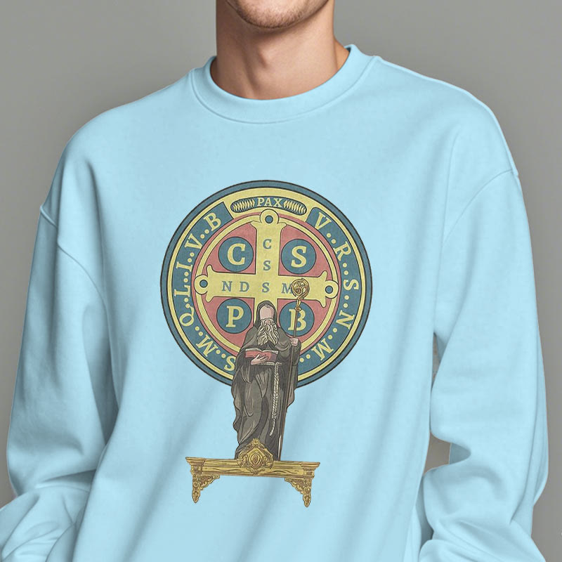 Christianartworkshop Classic Colored Style St. Benedict Medal Statue Fleece Lined Polyester Sweatshirt