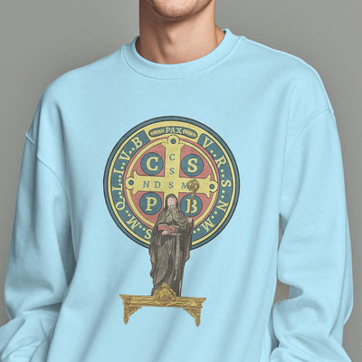 Christianartworkshop Classic Colored Style St. Benedict Medal Statue Fleece Lined Polyester Sweatshirt