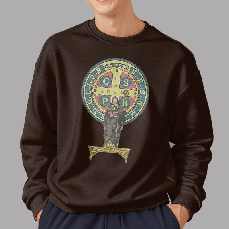 Christianartworkshop Classic Colored Style St. Benedict Medal Statue Fleece Lined Polyester Sweatshirt