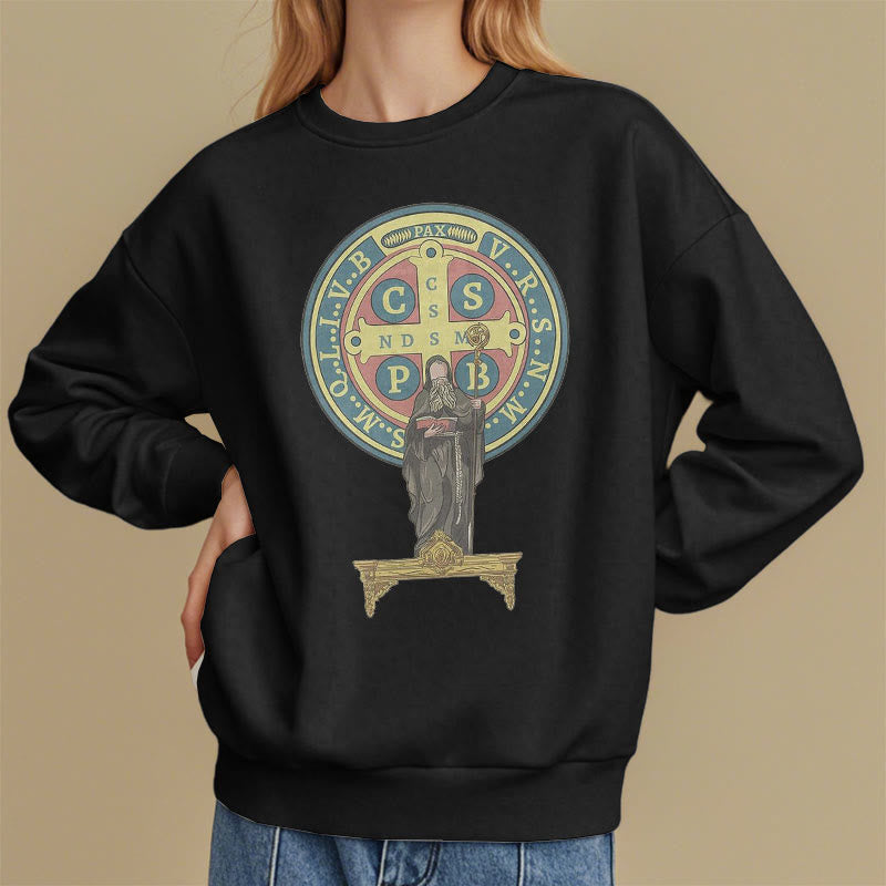 Christianartworkshop Classic Colored Style St. Benedict Medal Statue Fleece Lined Polyester Sweatshirt