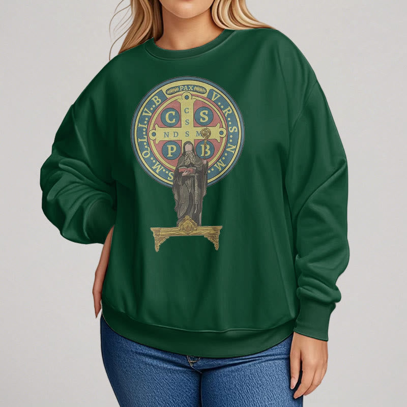 Christianartworkshop Classic Colored Style St. Benedict Medal Statue Fleece Lined Polyester Sweatshirt