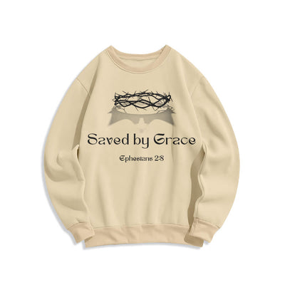 Christianartworkshop Quotation Style Saved By Grace Crown Fleece Lined Polyester Sweatshirt
