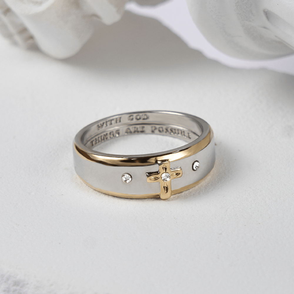 FREE Today: Modern Style Two-tone Gold Cross Alloy Ring-With God All Things Are Possible