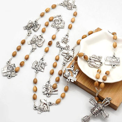 Christianartworkshop Via Crucis 14 Stations of the Cross Oval Mother of Pearl/Olive Wood Alloy Chain Rosary