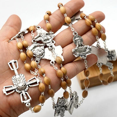Christianartworkshop Via Crucis 14 Stations of the Cross Oval Mother of Pearl/Olive Wood Alloy Chain Rosary