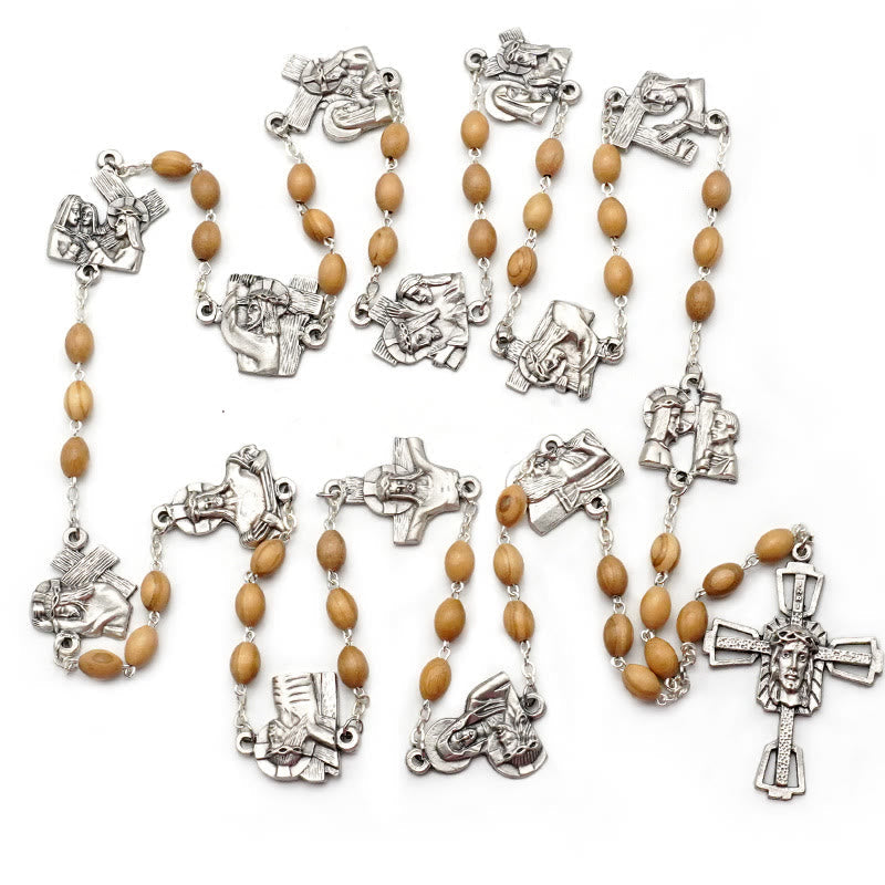 Christianartworkshop Via Crucis 14 Stations of the Cross Oval Mother of Pearl/Olive Wood Alloy Chain Rosary