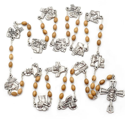 Christianartworkshop Via Crucis 14 Stations of the Cross Oval Mother of Pearl/Olive Wood Alloy Chain Rosary