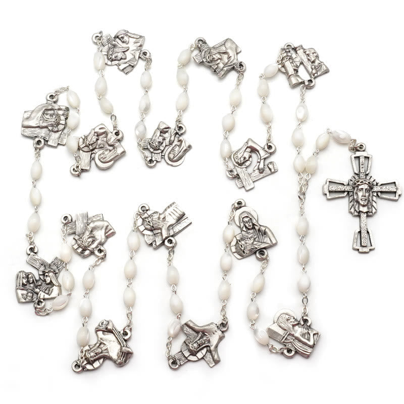 Christianartworkshop Via Crucis 14 Stations of the Cross Oval Mother of Pearl/Olive Wood Alloy Chain Rosary