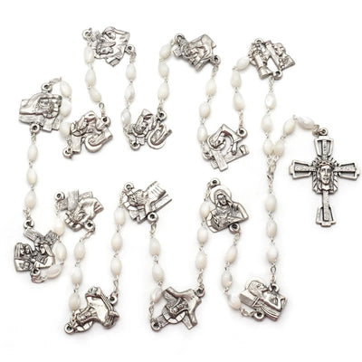 Christianartworkshop Via Crucis 14 Stations of the Cross Oval Mother of Pearl/Olive Wood Alloy Chain Rosary