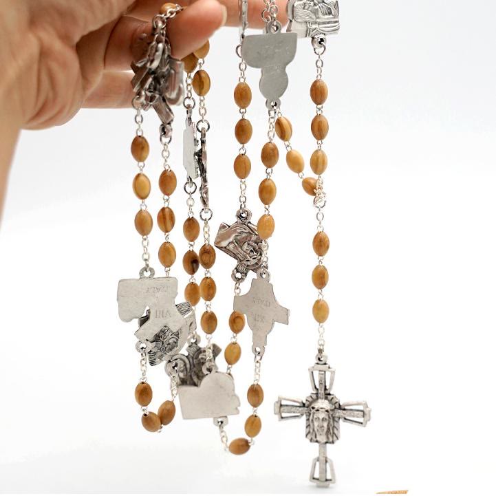 Christianartworkshop Via Crucis 14 Stations of the Cross Oval Mother of Pearl/Olive Wood Alloy Chain Rosary