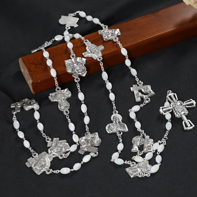 Christianartworkshop Via Crucis 14 Stations of the Cross Oval Mother of Pearl/Olive Wood Alloy Chain Rosary