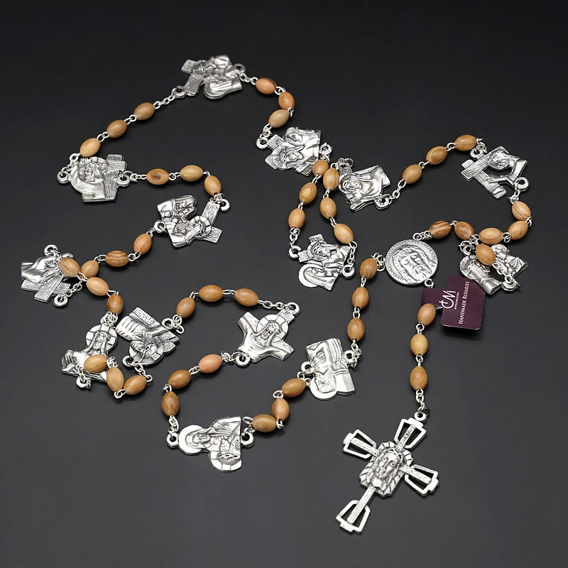 Christianartworkshop Via Crucis 14 Stations of the Cross Oval Mother of Pearl/Olive Wood Alloy Chain Rosary