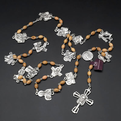 Christianartworkshop Via Crucis 14 Stations of the Cross Oval Mother of Pearl/Olive Wood Alloy Chain Rosary