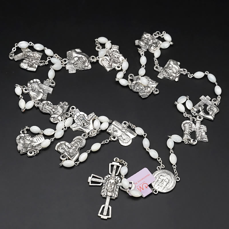 Christianartworkshop Via Crucis 14 Stations of the Cross Oval Mother of Pearl/Olive Wood Alloy Chain Rosary