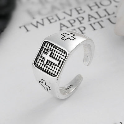 Christianartworkshop 925 Sterling Silver Minimalist Cross Engraved Adjustable Faith Ring