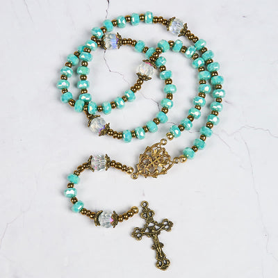 FREE Today: Lorraine Cross & Crucifix of 8 mm Rondelle Aquamarine Stone Nylon Cord Rosary