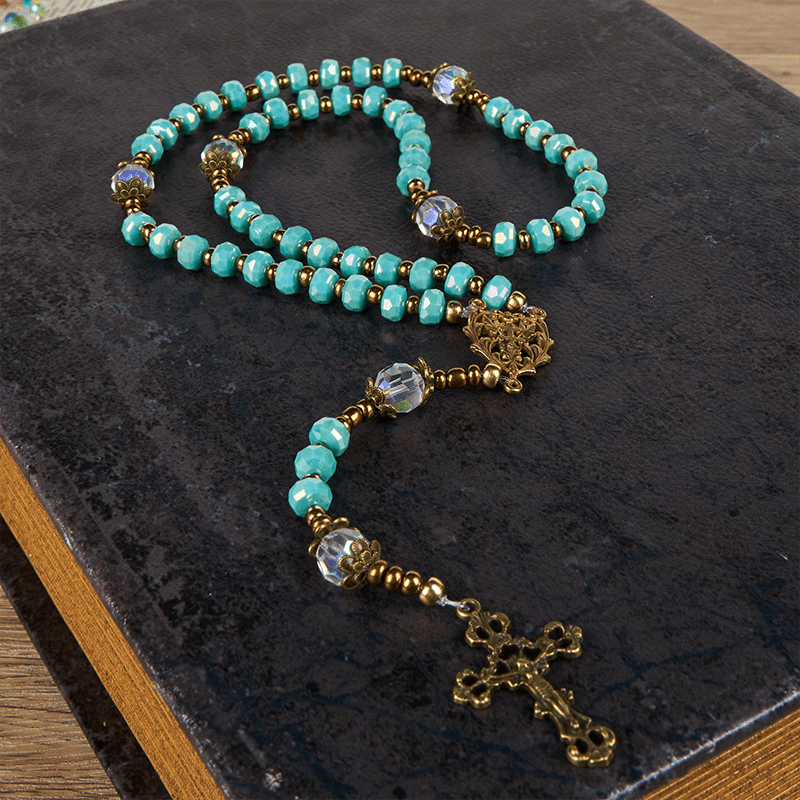 FREE Today: Lorraine Cross & Crucifix of 8 mm Rondelle Aquamarine Stone Nylon Cord Rosary