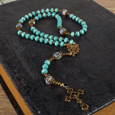 FREE Today: Lorraine Cross & Crucifix of 8 mm Rondelle Aquamarine Stone Nylon Cord Rosary