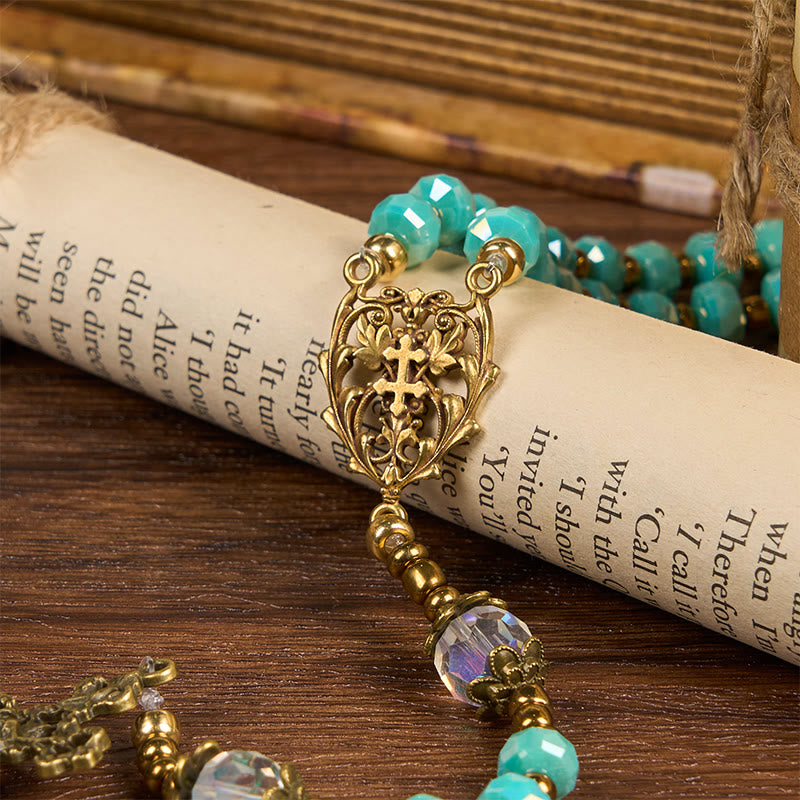 FREE Today: Lorraine Cross & Crucifix of 8 mm Rondelle Aquamarine Stone Nylon Cord Rosary