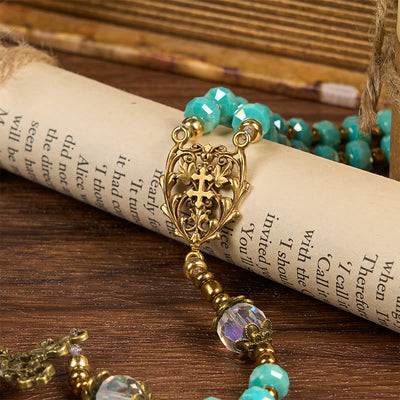 FREE Today: Lorraine Cross & Crucifix of 8 mm Rondelle Aquamarine Stone Nylon Cord Rosary