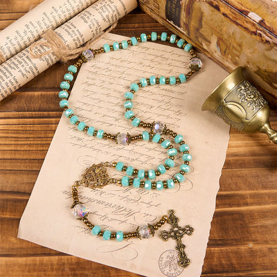 FREE Today: Lorraine Cross & Crucifix of 8 mm Rondelle Aquamarine Stone Nylon Cord Rosary