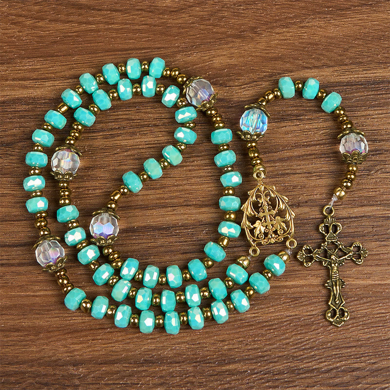 FREE Today: Lorraine Cross & Crucifix of 8 mm Rondelle Aquamarine Stone Nylon Cord Rosary