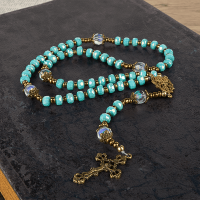 FREE Today: Lorraine Cross & Crucifix of 8 mm Rondelle Aquamarine Stone Nylon Cord Rosary