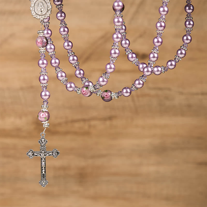 Christianartworkshop Miraculous Medal & Crucifix 8mm Purple Pearl & Crystal Handmade Rosary - Sacred Beads for Holy Prayer