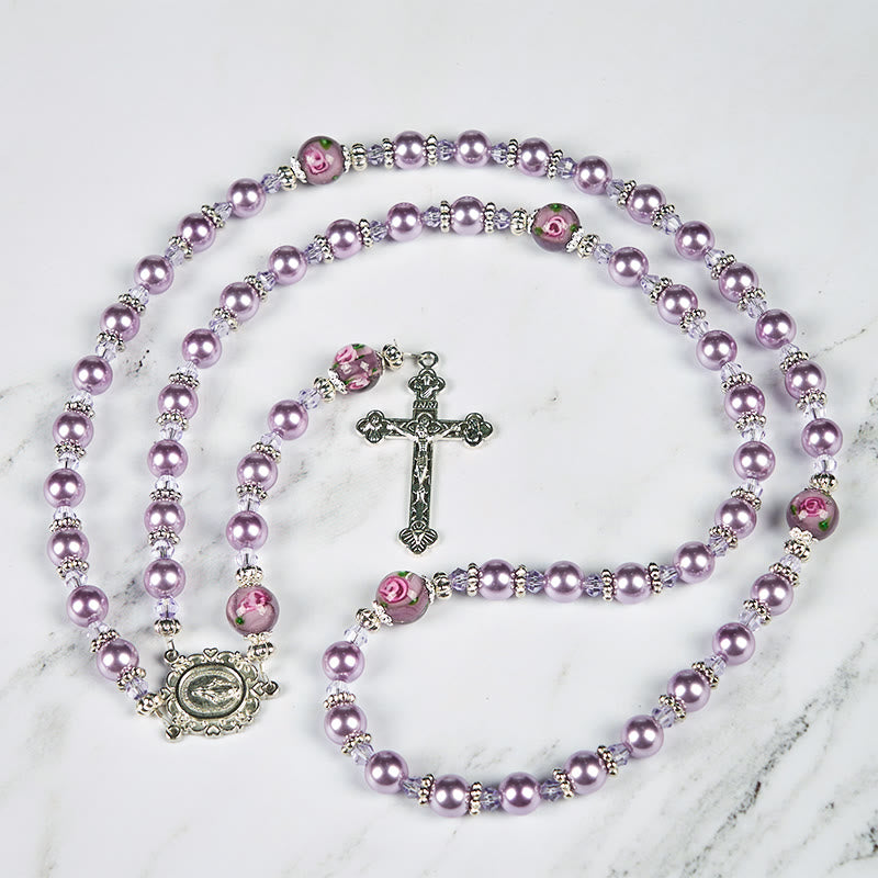 Christianartworkshop Miraculous Medal & Crucifix 8mm Purple Pearl & Crystal Handmade Rosary - Sacred Beads for Holy Prayer