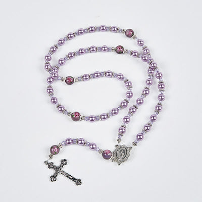 Christianartworkshop Miraculous Medal & Crucifix 8mm Purple Pearl & Crystal Handmade Rosary - Sacred Beads for Holy Prayer