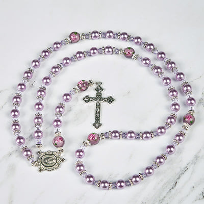 Christianartworkshop Miraculous Medal & Crucifix 8mm Purple Pearl & Crystal Handmade Rosary - Sacred Beads for Holy Prayer