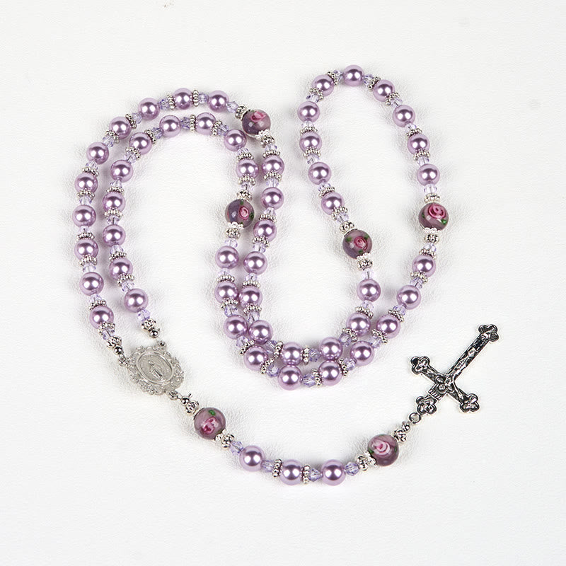 Christianartworkshop Miraculous Medal & Crucifix 8mm Purple Pearl & Crystal Handmade Rosary - Sacred Beads for Holy Prayer