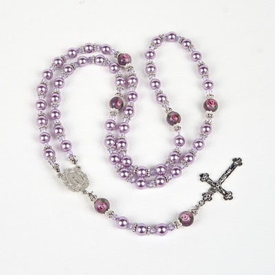 Christianartworkshop Miraculous Medal & Crucifix 8mm Purple Pearl & Crystal Handmade Rosary - Sacred Beads for Holy Prayer