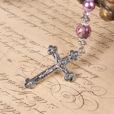 Christianartworkshop Miraculous Medal & Crucifix 8mm Purple Pearl & Crystal Handmade Rosary - Sacred Beads for Holy Prayer