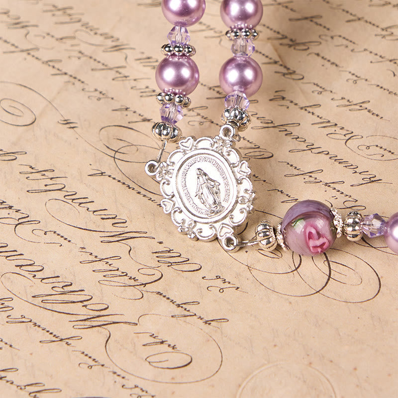 Christianartworkshop Miraculous Medal & Crucifix 8mm Purple Pearl & Crystal Handmade Rosary - Sacred Beads for Holy Prayer