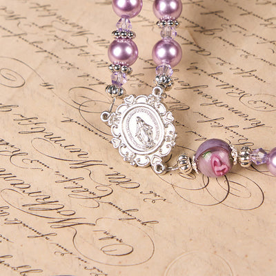 Christianartworkshop Miraculous Medal & Crucifix 8mm Purple Pearl & Crystal Handmade Rosary - Sacred Beads for Holy Prayer