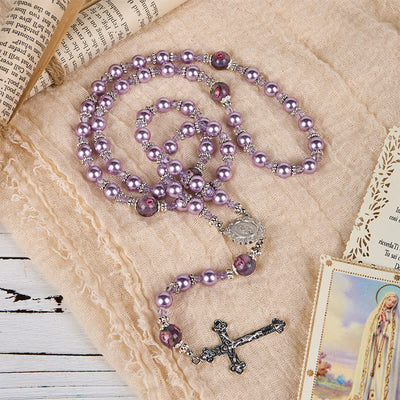 Christianartworkshop Miraculous Medal & Crucifix 8mm Purple Pearl & Crystal Handmade Rosary - Sacred Beads for Holy Prayer