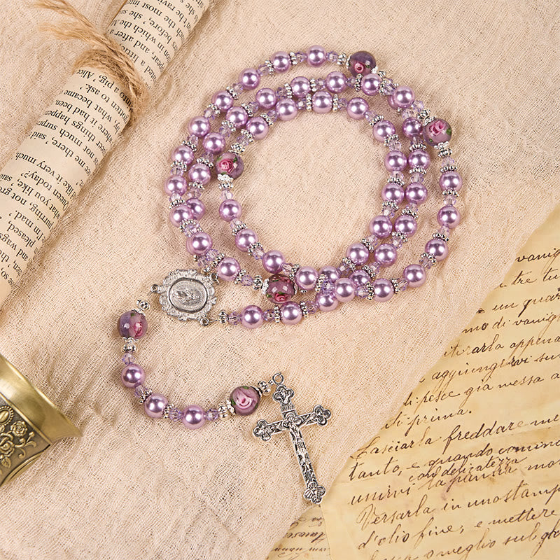 Christianartworkshop Miraculous Medal & Crucifix 8mm Purple Pearl & Crystal Handmade Rosary - Sacred Beads for Holy Prayer
