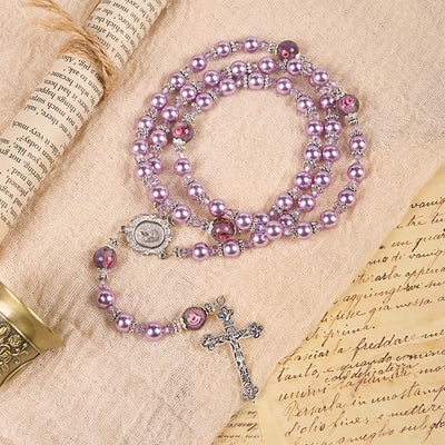 Christianartworkshop Miraculous Medal & Crucifix 8mm Purple Pearl & Crystal Handmade Rosary - Sacred Beads for Holy Prayer