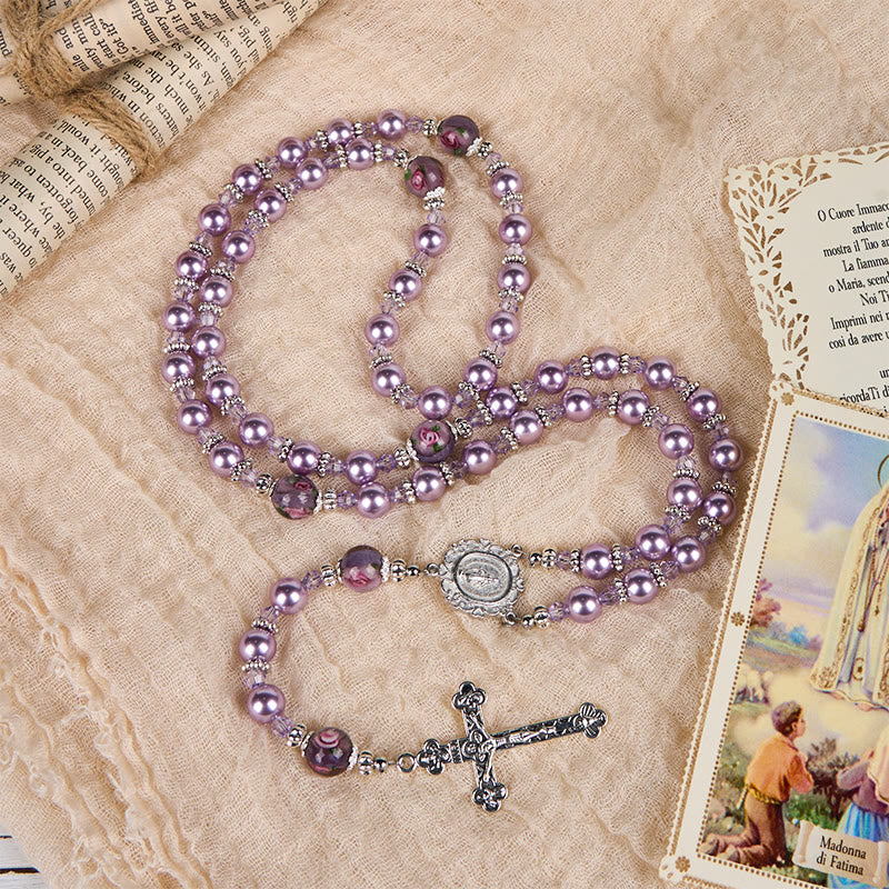 Christianartworkshop Miraculous Medal & Crucifix 8mm Purple Pearl & Crystal Handmade Rosary - Sacred Beads for Holy Prayer