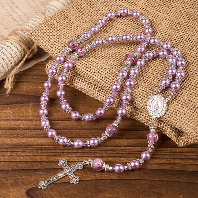 Christianartworkshop Miraculous Medal & Crucifix 8mm Purple Pearl & Crystal Handmade Rosary - Sacred Beads for Holy Prayer