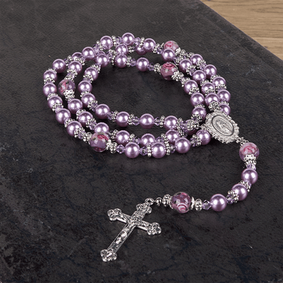 Christianartworkshop Miraculous Medal & Crucifix 8mm Purple Pearl & Crystal Handmade Rosary - Sacred Beads for Holy Prayer