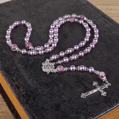 Christianartworkshop Miraculous Medal & Crucifix 8mm Purple Pearl & Crystal Handmade Rosary - Sacred Beads for Holy Prayer