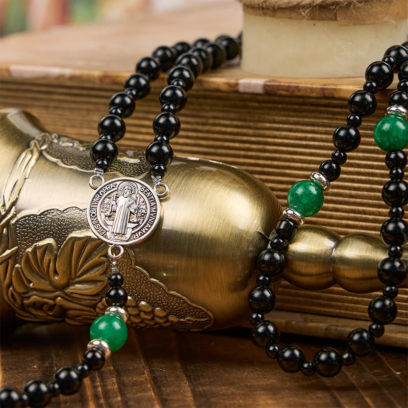 Christianartworkshop St. Benedict & Crucifix of 8mm Obsidian & Jade Handmade Bead Rosary - Faith and Sacred Connection