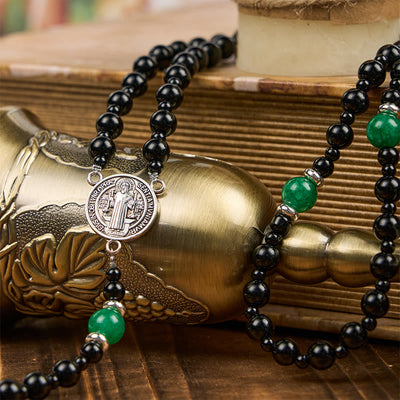 Christianartworkshop St. Benedict & Crucifix of 8mm Obsidian & Jade Handmade Bead Rosary - Faith and Sacred Connection