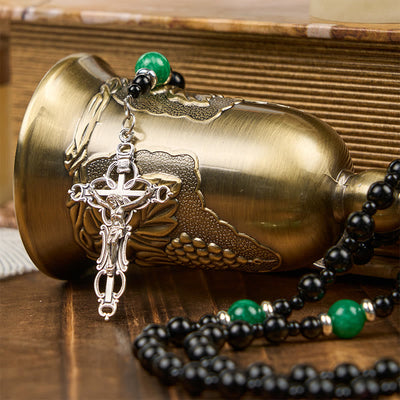 Christianartworkshop St. Benedict & Crucifix of 8mm Obsidian & Jade Handmade Bead Rosary - Faith and Sacred Connection